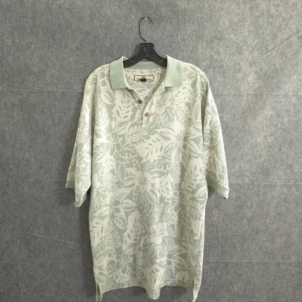 Tommy Bahama Polo Shirt Mens Silk Medium Floral Green Tropical Beach Resort Life